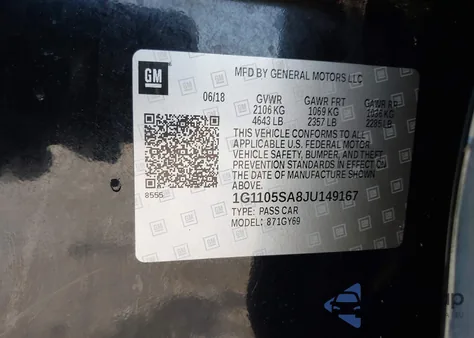 2018 Chevrolet Impala 1Lt из США, поврежденный, VIN 1G1105SA8JU149167